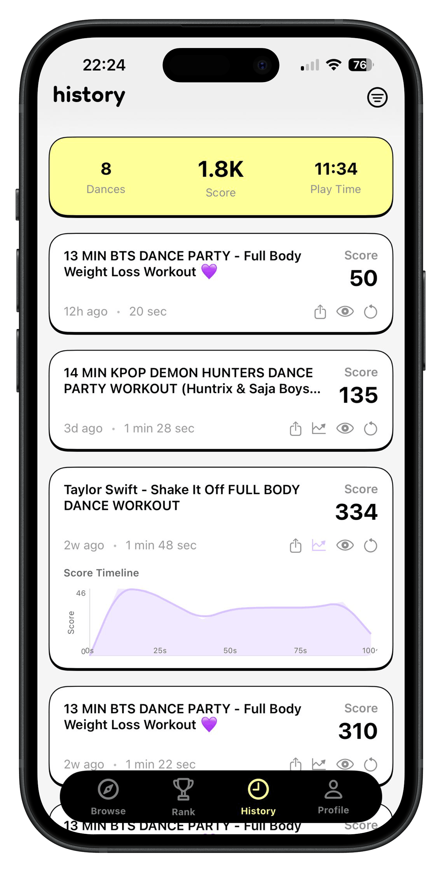 Hoppa history screen with scores and play time