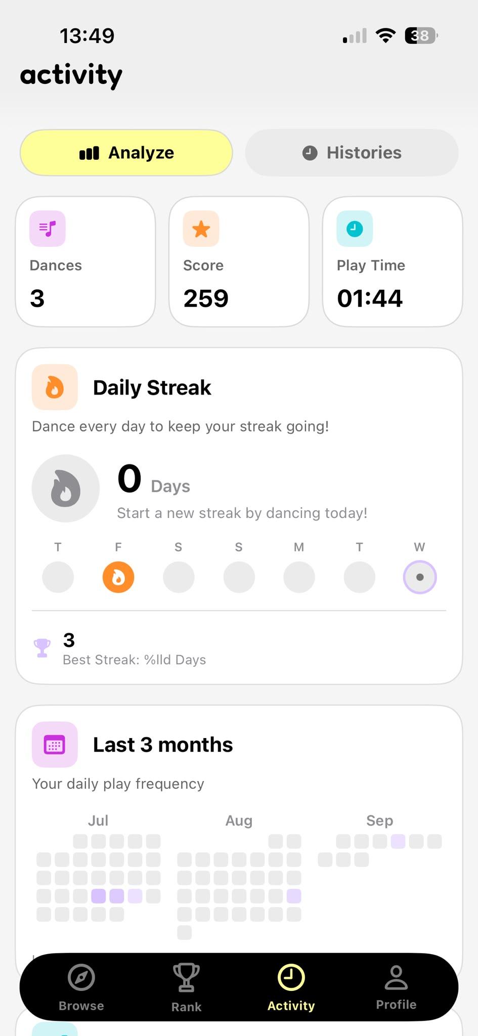 Hoppa activity analytics with scores, streaks, and history