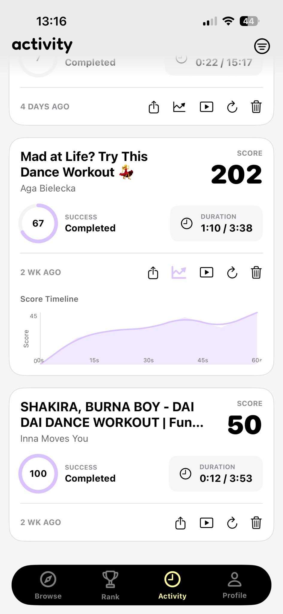 Hoppa activity history and score timeline