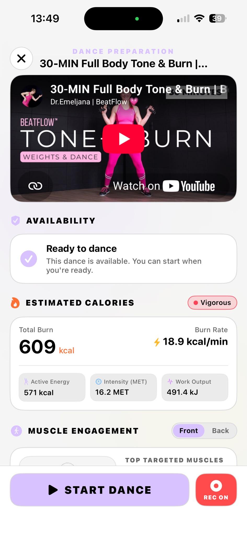 Hoppa calorie and session effort screen