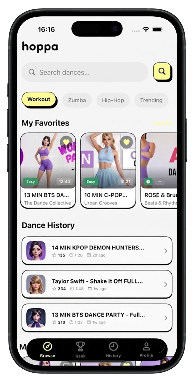 iPhone showing the Hoppa dance app browse screen