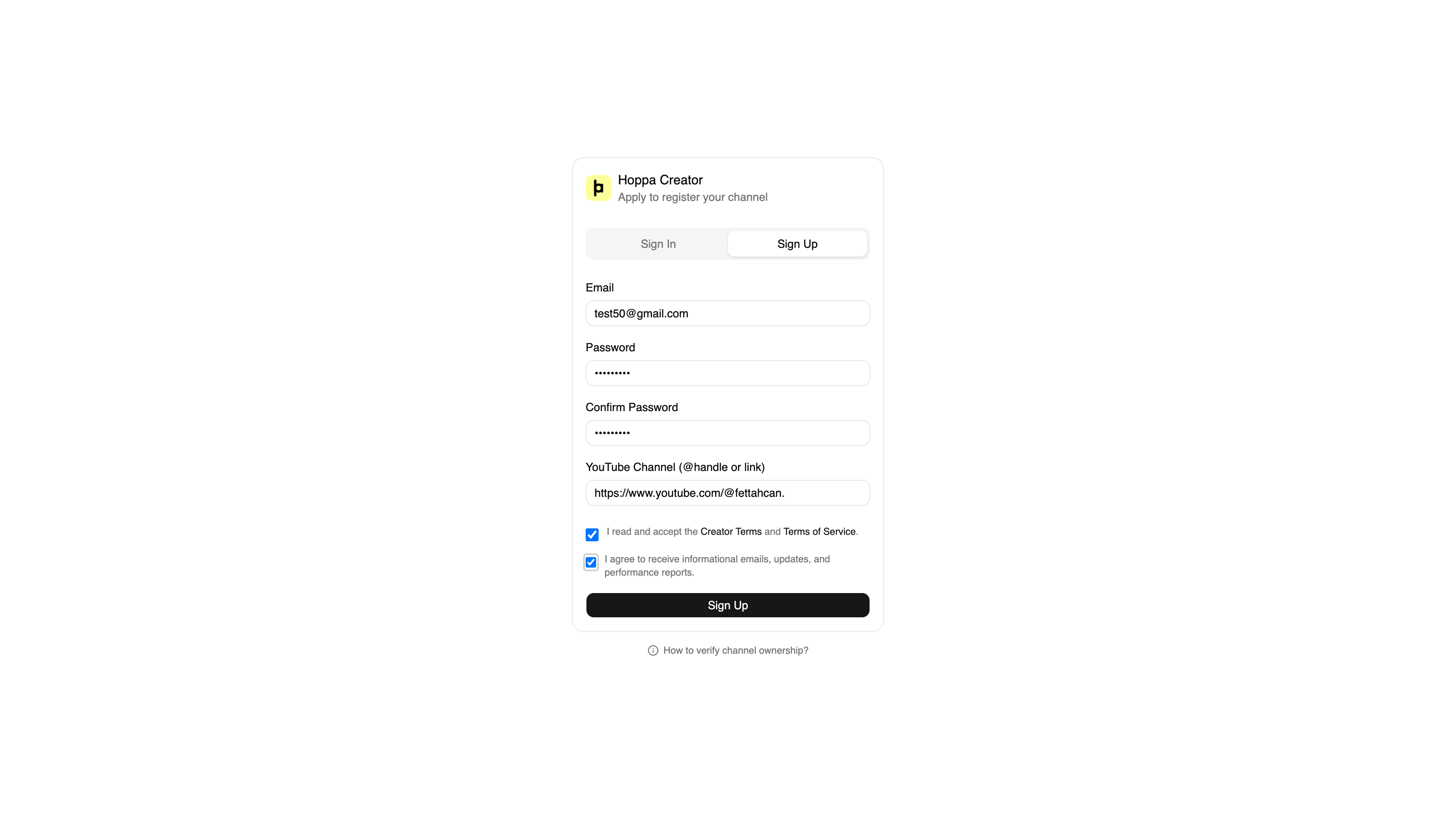 Hoppa Dashboard Sign-Up Screen Step 1